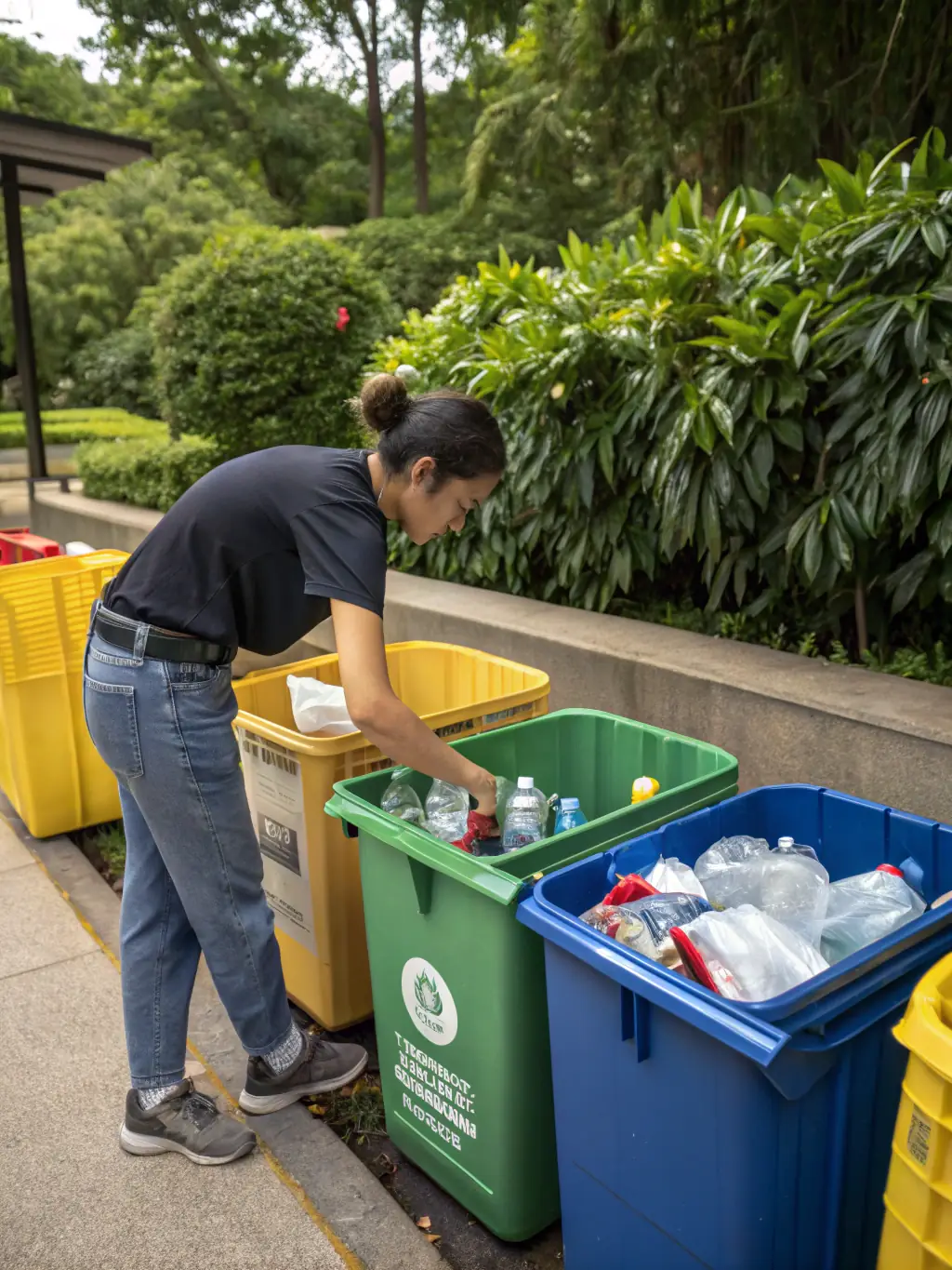 A person happily sorting recyclable materials into different bins, showcasing the ease of use of the Trash2Cash app.